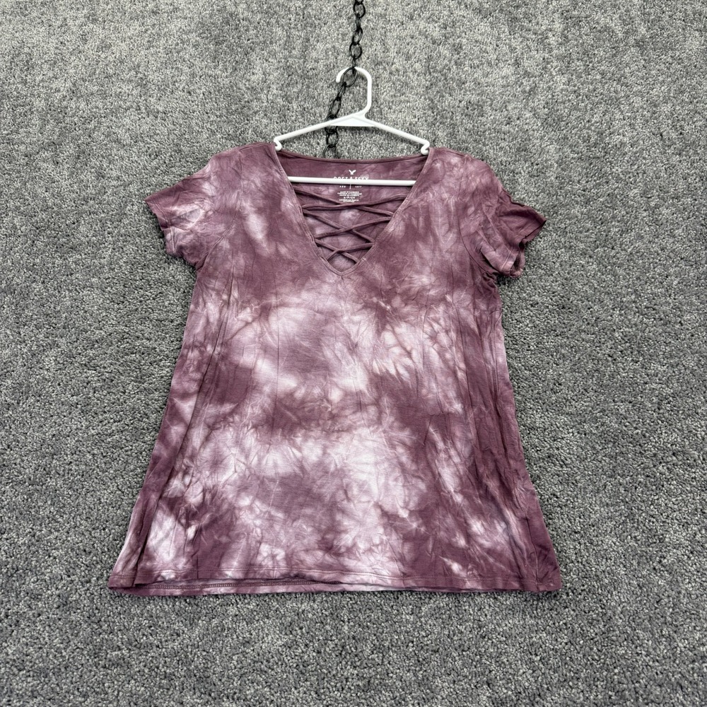 American Eagle T Shirt Womens S Purple Tie Dye Strappy V Neck Short Sleeve